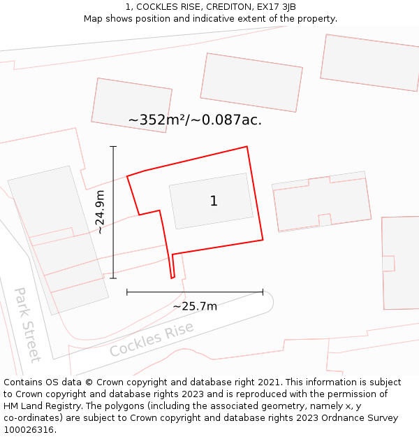 1, COCKLES RISE, CREDITON, EX17 3JB: Plot and title map