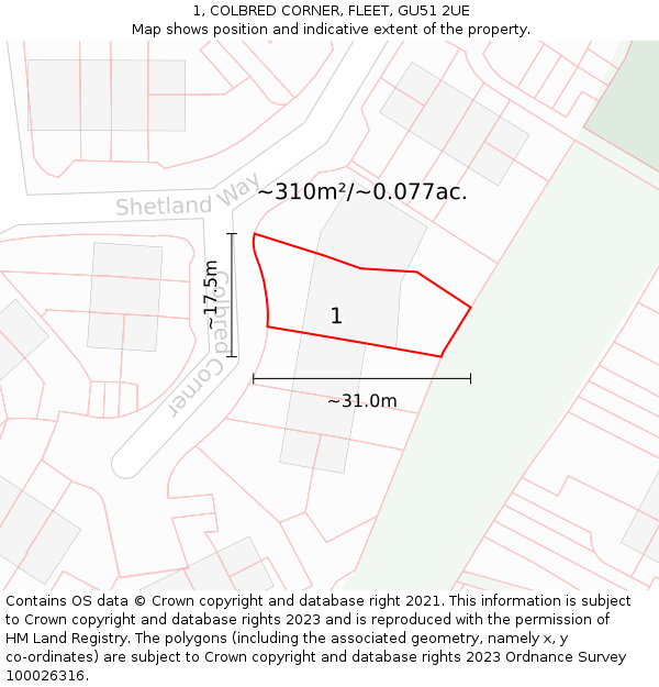 1, COLBRED CORNER, FLEET, GU51 2UE: Plot and title map