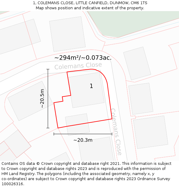 1, COLEMANS CLOSE, LITTLE CANFIELD, DUNMOW, CM6 1TS: Plot and title map