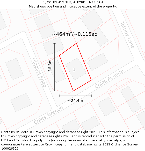 1, COLES AVENUE, ALFORD, LN13 0AH: Plot and title map