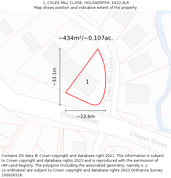 1, COLES MILL CLOSE, HOLSWORTHY, EX22 6LR: Plot and title map