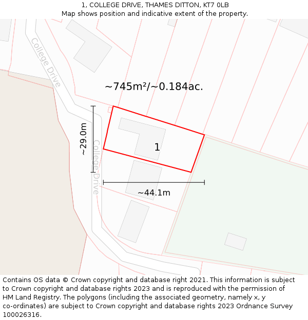 1, COLLEGE DRIVE, THAMES DITTON, KT7 0LB: Plot and title map