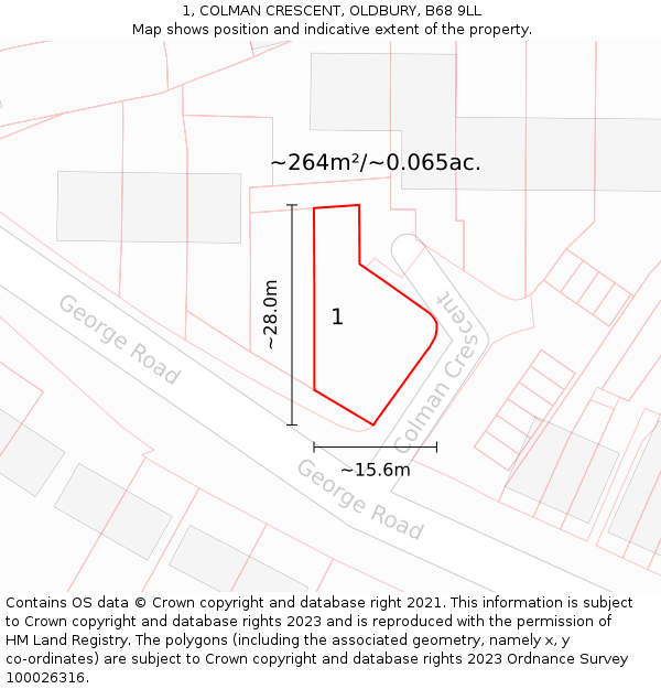 1, COLMAN CRESCENT, OLDBURY, B68 9LL: Plot and title map