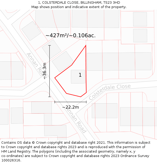 1, COLSTERDALE CLOSE, BILLINGHAM, TS23 3HD: Plot and title map