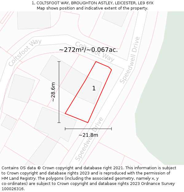 1, COLTSFOOT WAY, BROUGHTON ASTLEY, LEICESTER, LE9 6YX: Plot and title map