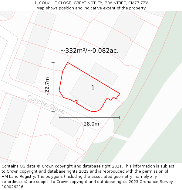 1, COLVILLE CLOSE, GREAT NOTLEY, BRAINTREE, CM77 7ZA: Plot and title map