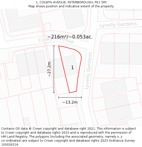 1, COLWYN AVENUE, PETERBOROUGH, PE1 5RY: Plot and title map