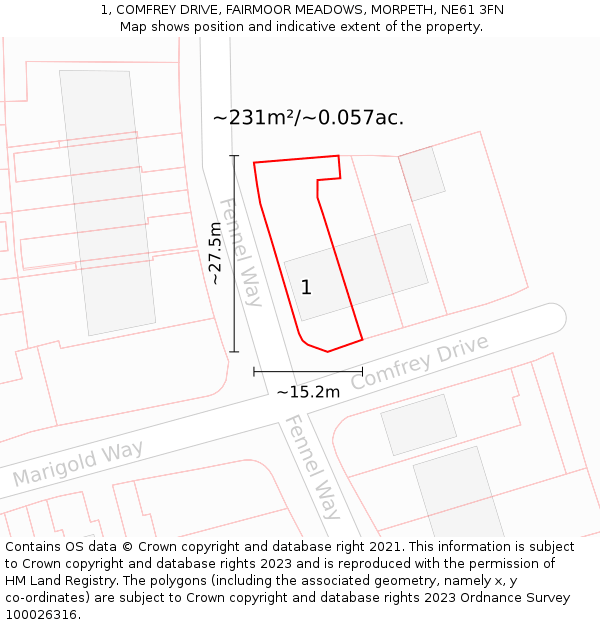 1, COMFREY DRIVE, FAIRMOOR MEADOWS, MORPETH, NE61 3FN: Plot and title map