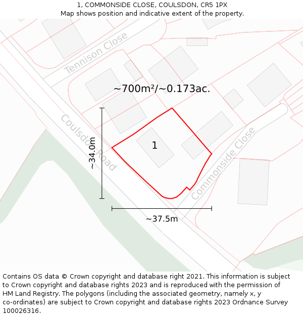 1, COMMONSIDE CLOSE, COULSDON, CR5 1PX: Plot and title map