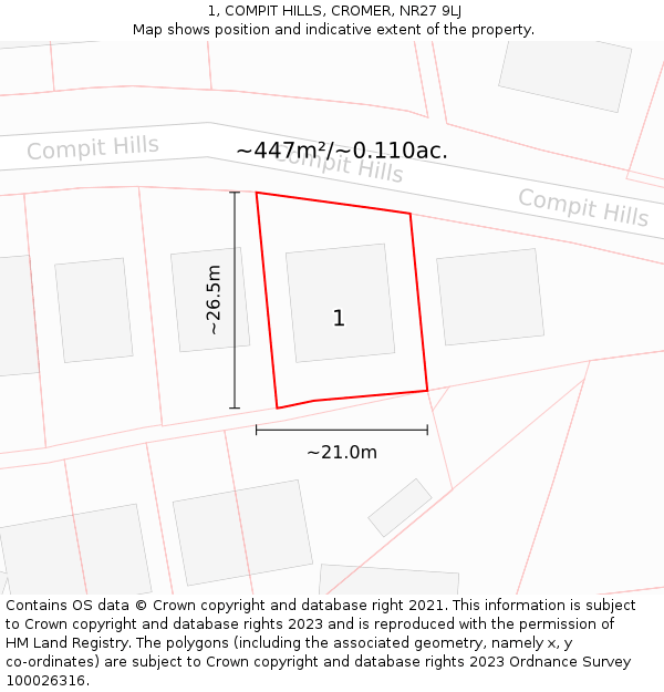 1, COMPIT HILLS, CROMER, NR27 9LJ: Plot and title map