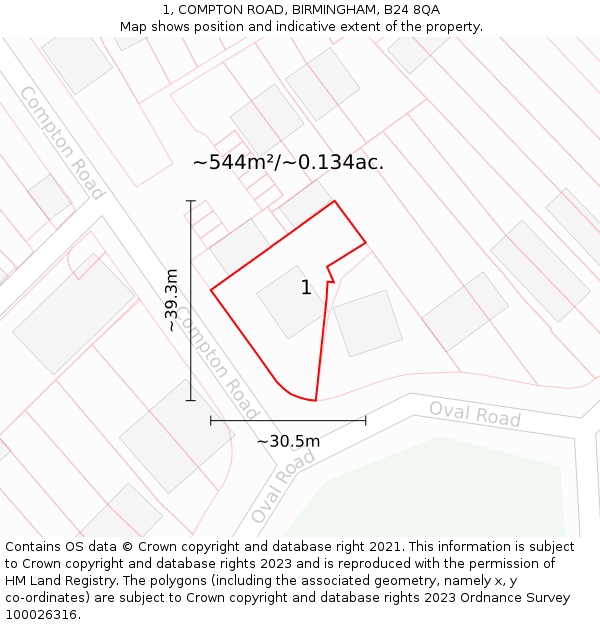 1, COMPTON ROAD, BIRMINGHAM, B24 8QA: Plot and title map