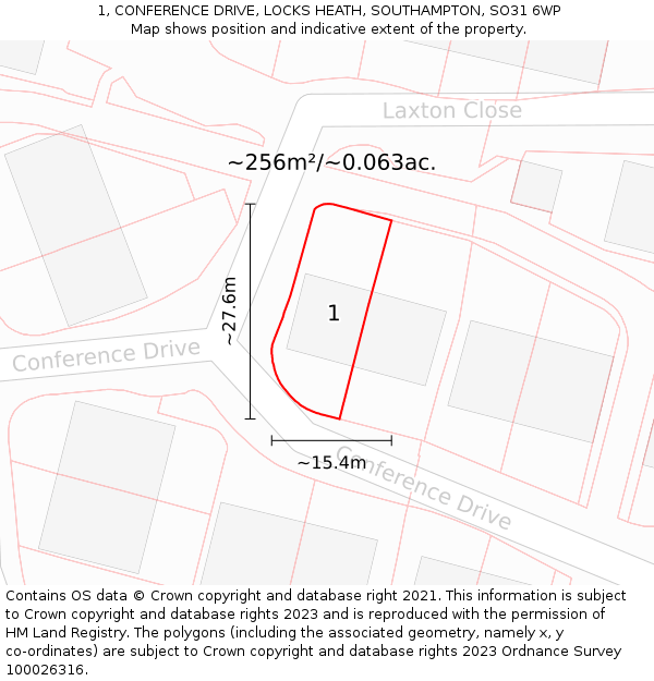 1, CONFERENCE DRIVE, LOCKS HEATH, SOUTHAMPTON, SO31 6WP: Plot and title map