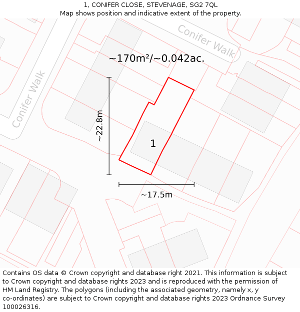 1, CONIFER CLOSE, STEVENAGE, SG2 7QL: Plot and title map