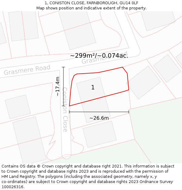 1, CONISTON CLOSE, FARNBOROUGH, GU14 0LF: Plot and title map