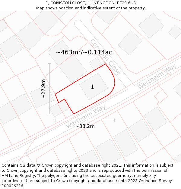 1, CONISTON CLOSE, HUNTINGDON, PE29 6UD: Plot and title map