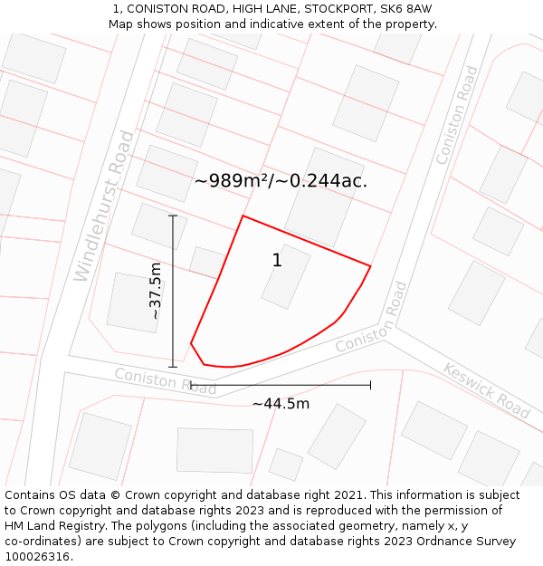 1, CONISTON ROAD, HIGH LANE, STOCKPORT, SK6 8AW: Plot and title map