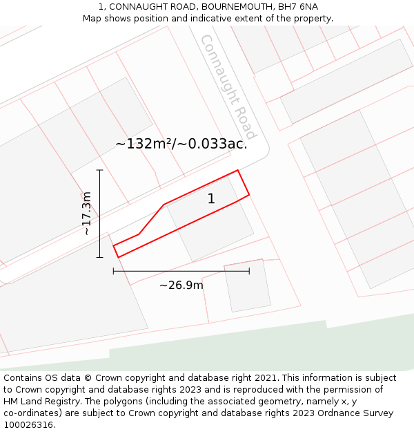 1, CONNAUGHT ROAD, BOURNEMOUTH, BH7 6NA: Plot and title map
