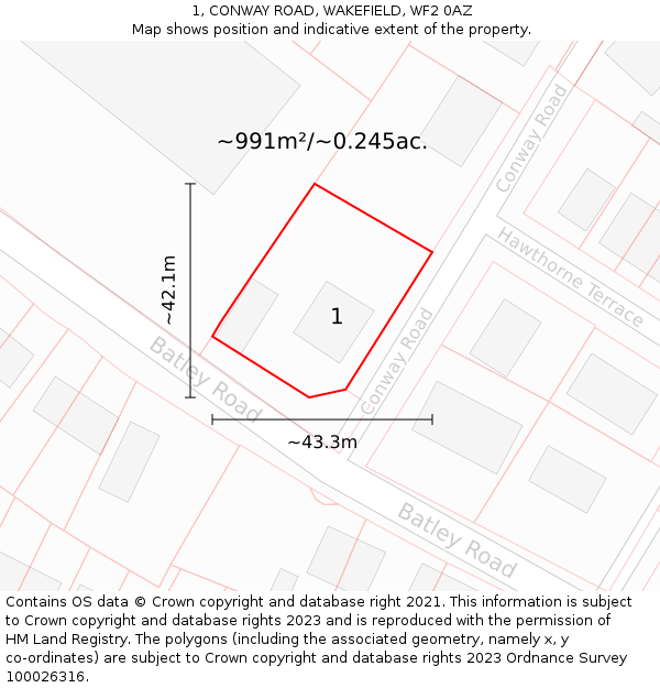 1, CONWAY ROAD, WAKEFIELD, WF2 0AZ: Plot and title map