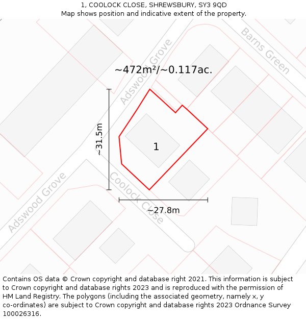 1, COOLOCK CLOSE, SHREWSBURY, SY3 9QD: Plot and title map