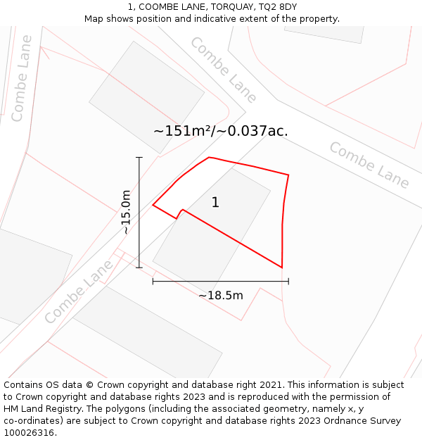 1, COOMBE LANE, TORQUAY, TQ2 8DY: Plot and title map