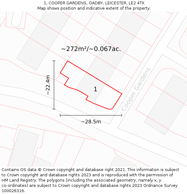 1, COOPER GARDENS, OADBY, LEICESTER, LE2 4TX: Plot and title map