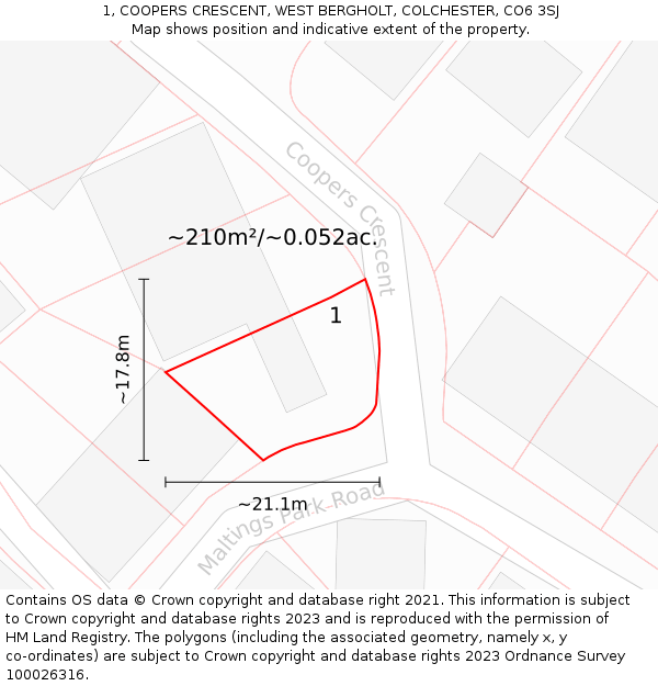 1, COOPERS CRESCENT, WEST BERGHOLT, COLCHESTER, CO6 3SJ: Plot and title map