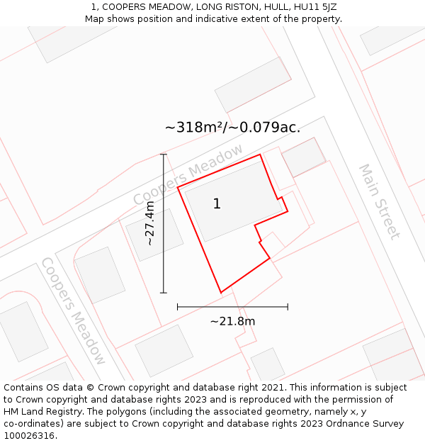 1, COOPERS MEADOW, LONG RISTON, HULL, HU11 5JZ: Plot and title map