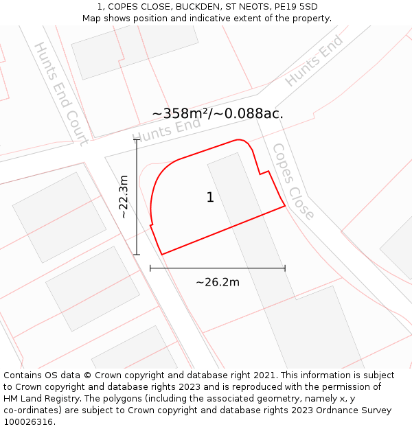 1, COPES CLOSE, BUCKDEN, ST NEOTS, PE19 5SD: Plot and title map