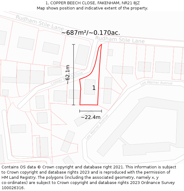 1, COPPER BEECH CLOSE, FAKENHAM, NR21 8JZ: Plot and title map
