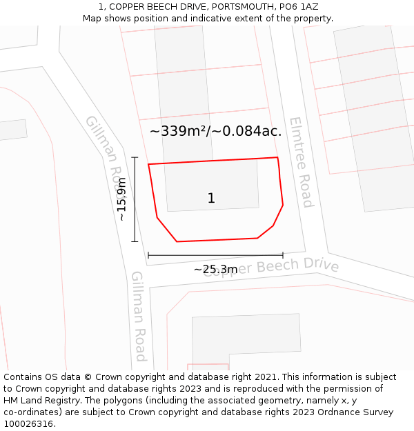 1, COPPER BEECH DRIVE, PORTSMOUTH, PO6 1AZ: Plot and title map