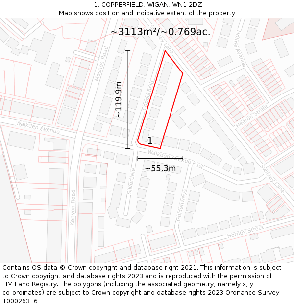 1, COPPERFIELD, WIGAN, WN1 2DZ: Plot and title map