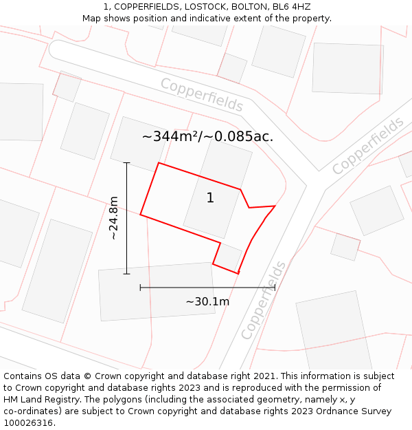 1, COPPERFIELDS, LOSTOCK, BOLTON, BL6 4HZ: Plot and title map