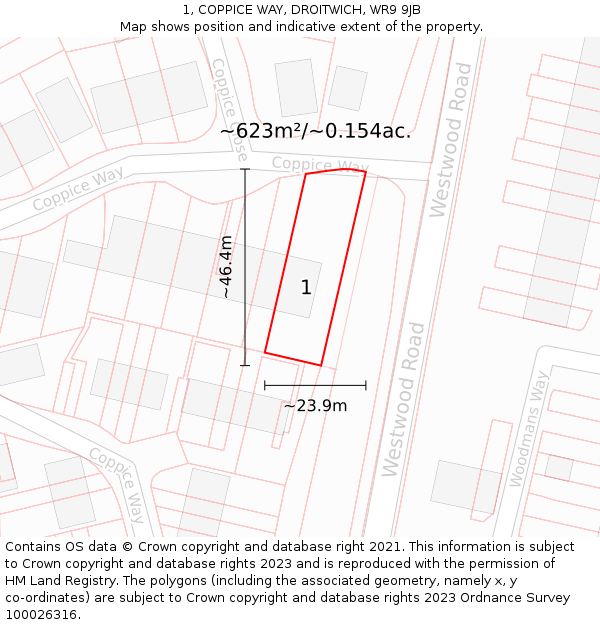 1, COPPICE WAY, DROITWICH, WR9 9JB: Plot and title map