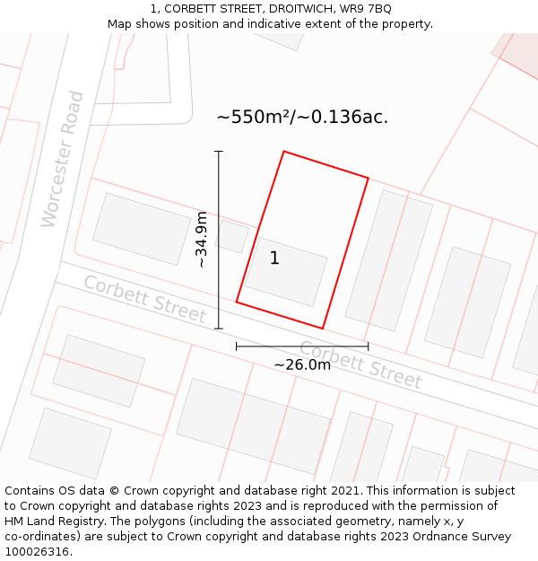 1, CORBETT STREET, DROITWICH, WR9 7BQ: Plot and title map