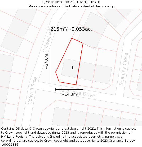 1, CORBRIDGE DRIVE, LUTON, LU2 9UF: Plot and title map