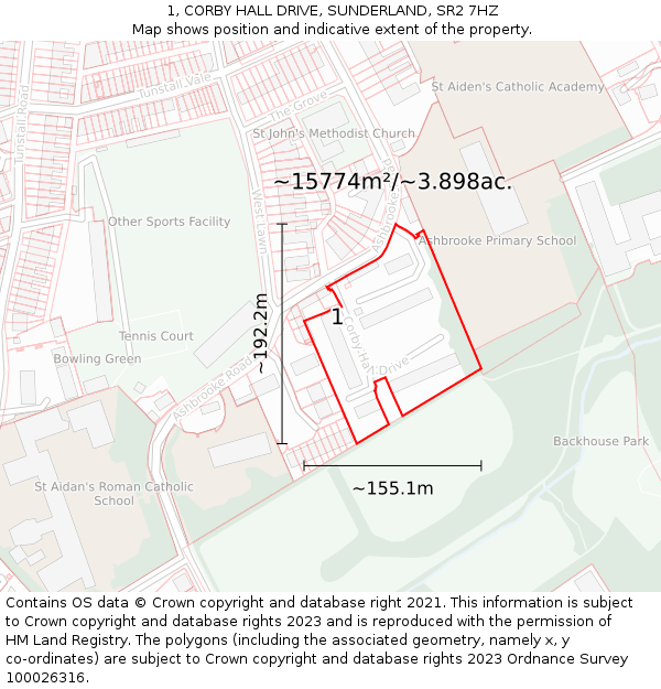 1, CORBY HALL DRIVE, SUNDERLAND, SR2 7HZ: Plot and title map