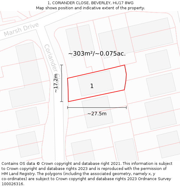 1, CORIANDER CLOSE, BEVERLEY, HU17 8WG: Plot and title map