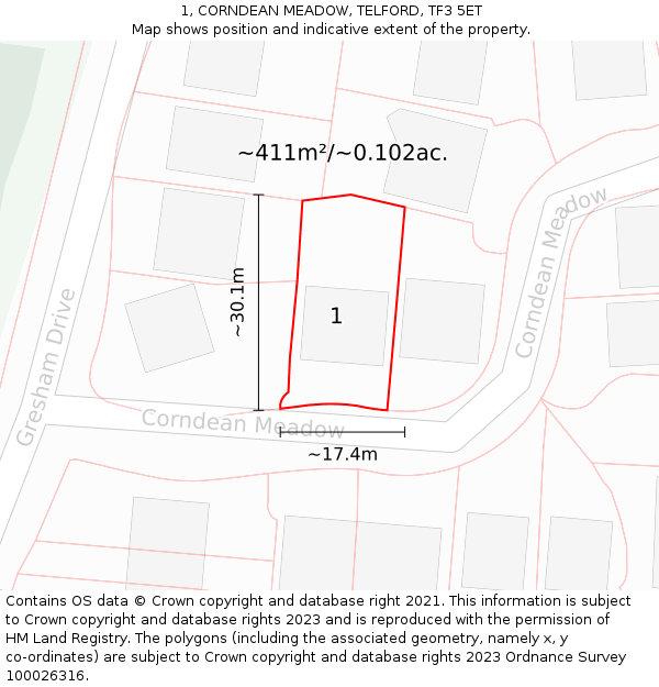 1, CORNDEAN MEADOW, TELFORD, TF3 5ET: Plot and title map