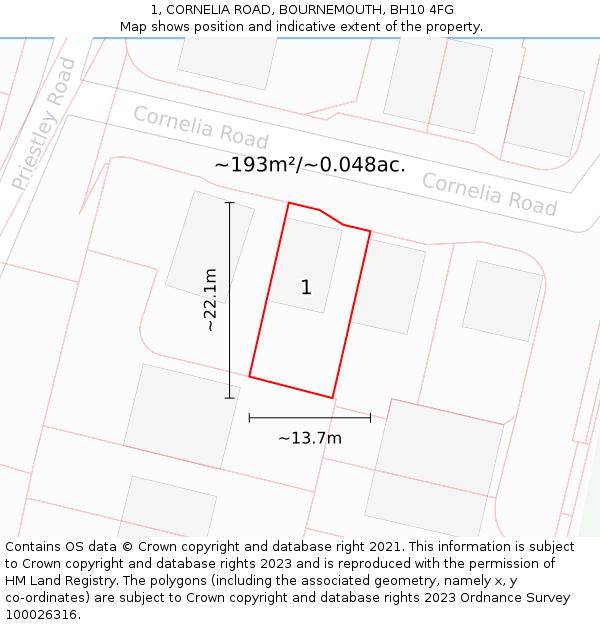 1, CORNELIA ROAD, BOURNEMOUTH, BH10 4FG: Plot and title map