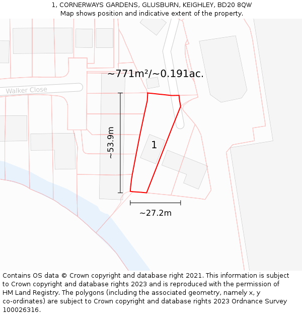 1, CORNERWAYS GARDENS, GLUSBURN, KEIGHLEY, BD20 8QW: Plot and title map