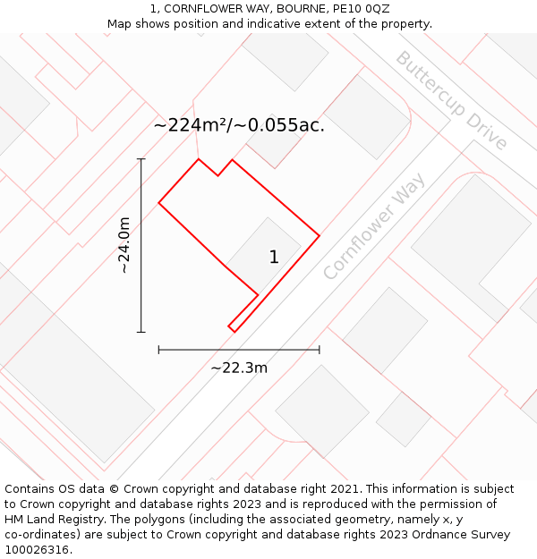 1, CORNFLOWER WAY, BOURNE, PE10 0QZ: Plot and title map