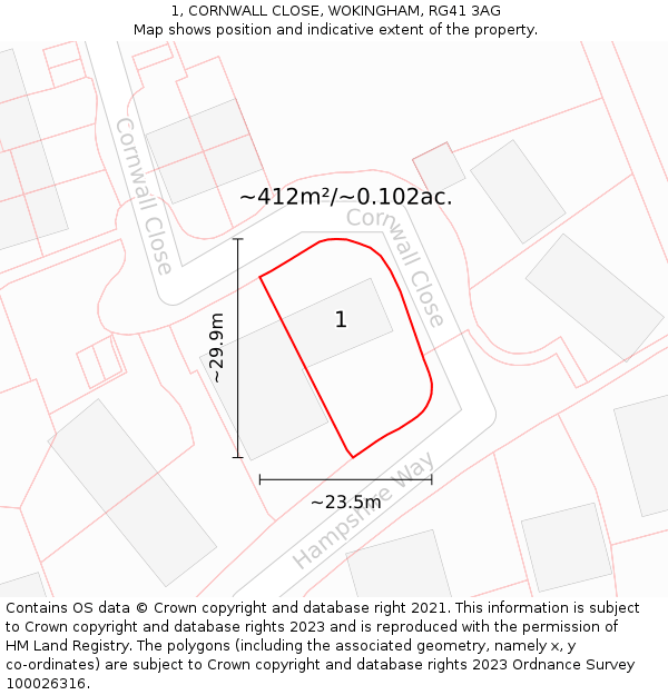 1, CORNWALL CLOSE, WOKINGHAM, RG41 3AG: Plot and title map