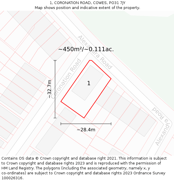 1, CORONATION ROAD, COWES, PO31 7JY: Plot and title map