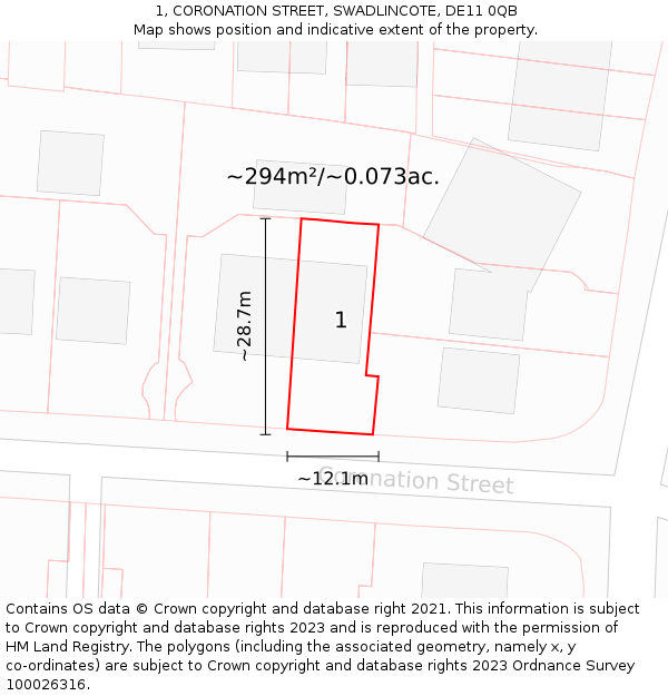 1, CORONATION STREET, SWADLINCOTE, DE11 0QB: Plot and title map