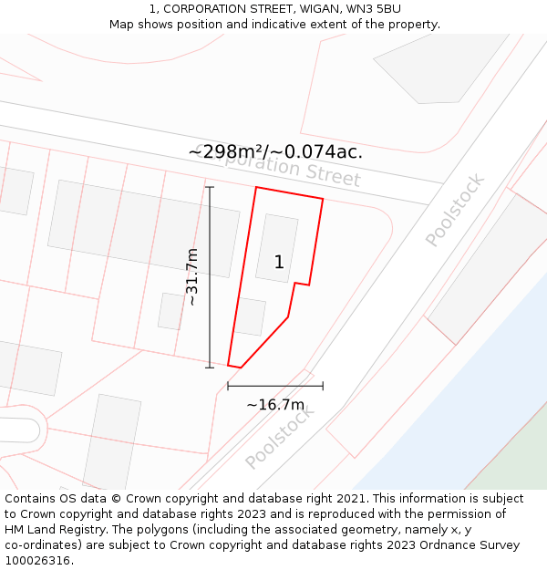 1, CORPORATION STREET, WIGAN, WN3 5BU: Plot and title map