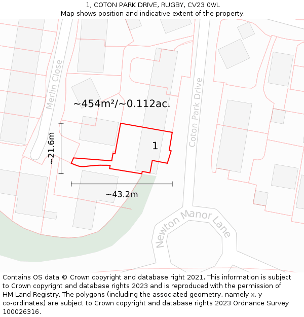 1, COTON PARK DRIVE, RUGBY, CV23 0WL: Plot and title map