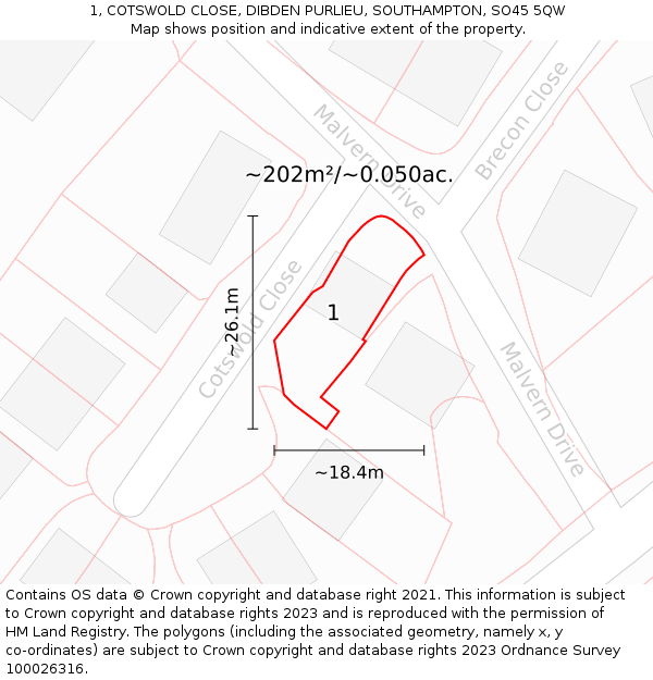 1, COTSWOLD CLOSE, DIBDEN PURLIEU, SOUTHAMPTON, SO45 5QW: Plot and title map