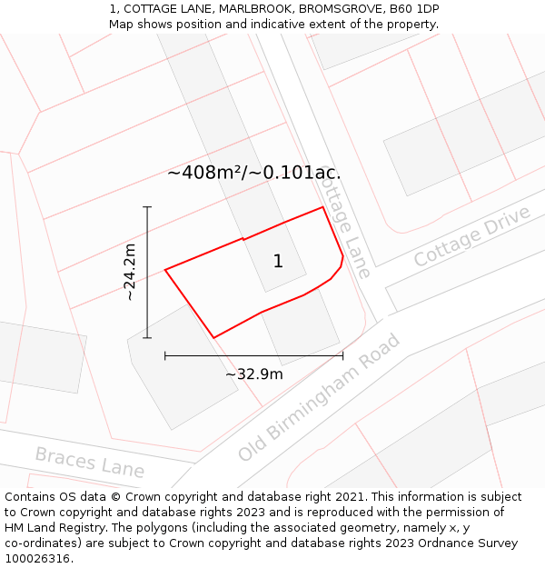 1, COTTAGE LANE, MARLBROOK, BROMSGROVE, B60 1DP: Plot and title map