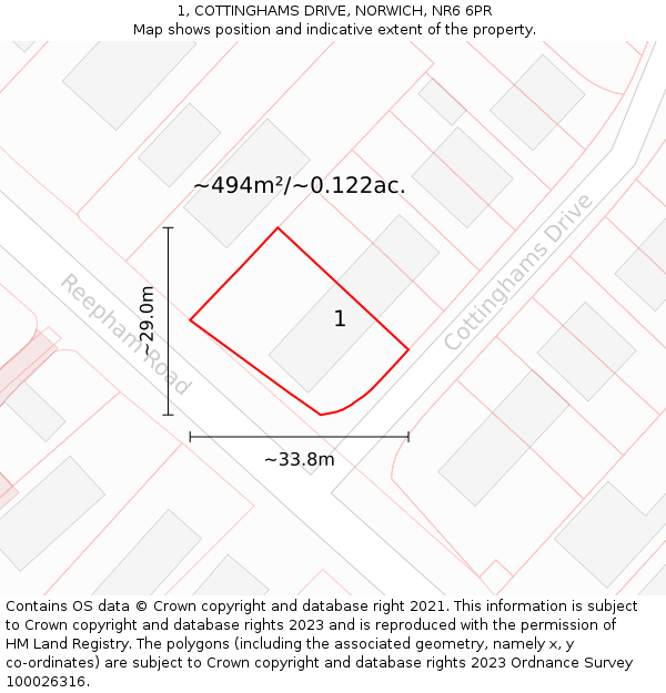 1, COTTINGHAMS DRIVE, NORWICH, NR6 6PR: Plot and title map