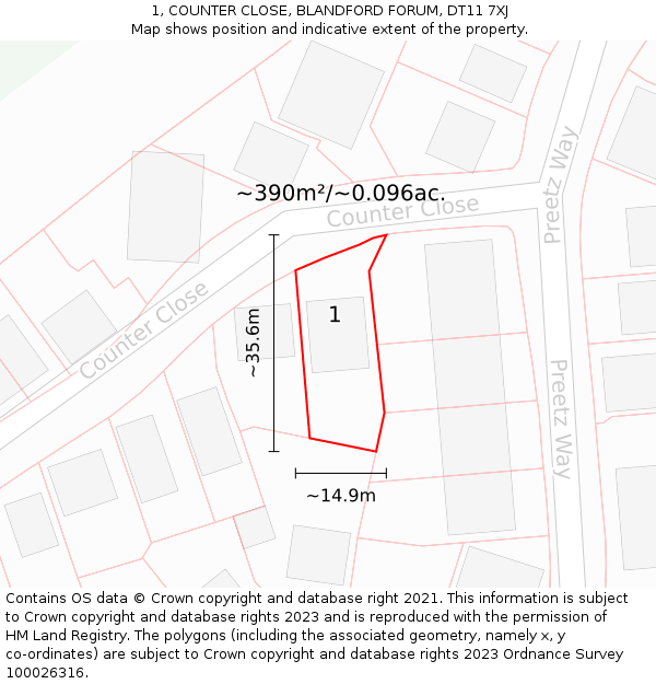 1, COUNTER CLOSE, BLANDFORD FORUM, DT11 7XJ: Plot and title map